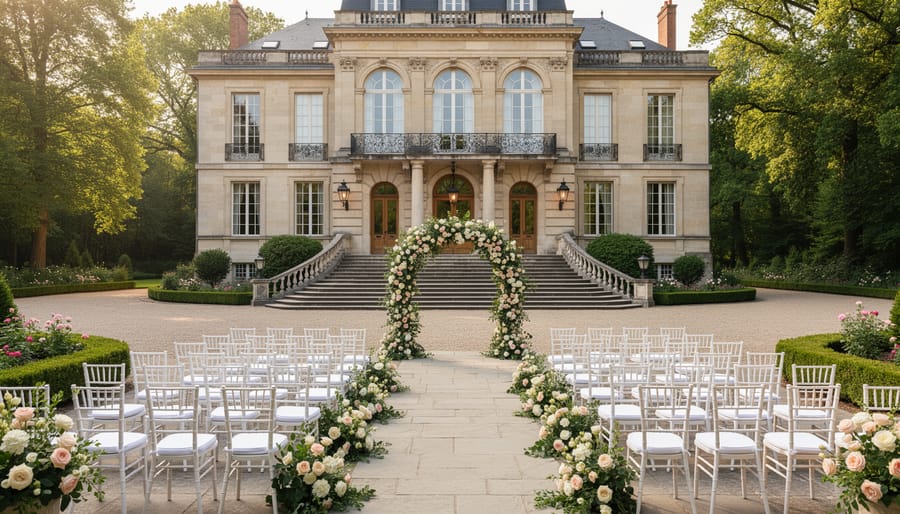 Historic estate venue exterior with heritage windows and a grand staircase in golden hour light