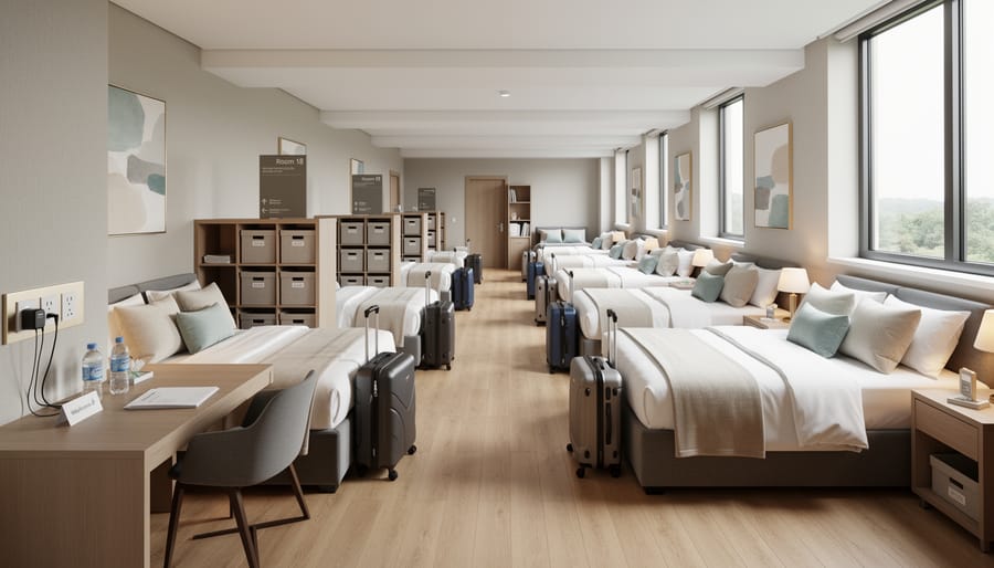 A bright hotel corridor with visible guest room entrances and neatly prepared beds for wedding guests.