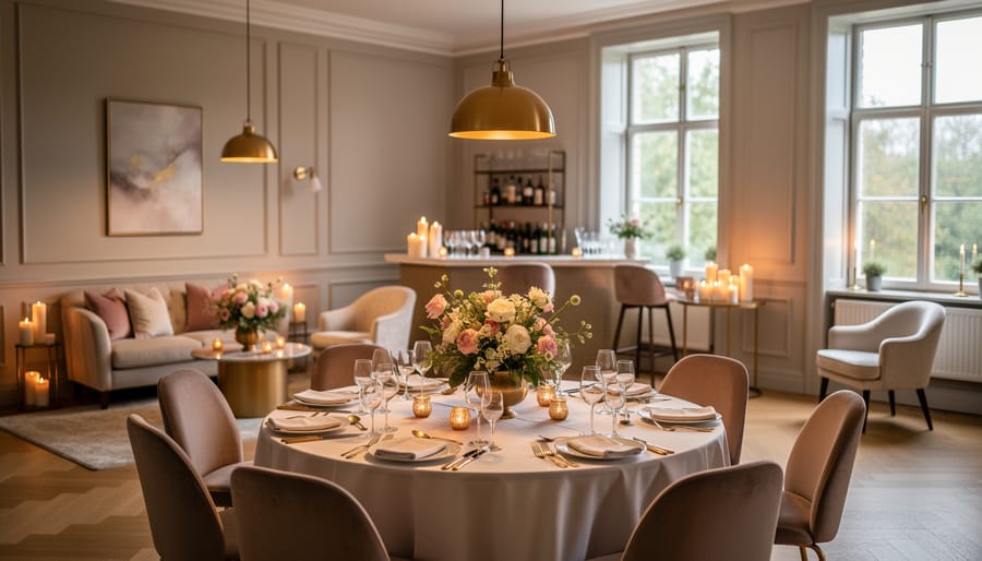 Intimate wedding place setting with bouquet in a private dining room