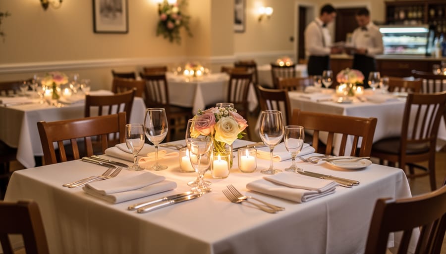 Candlelit tables set for a small wedding dinner in an intimate restaurant setting