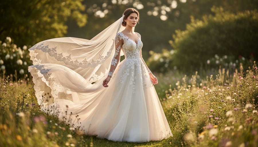 Bride wearing a dreamy romantic whimsical wedding gown with delicate lace inspired by L’Amour designs