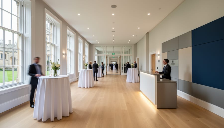 Modern wedding reception hall with decorated tables and ambient lighting