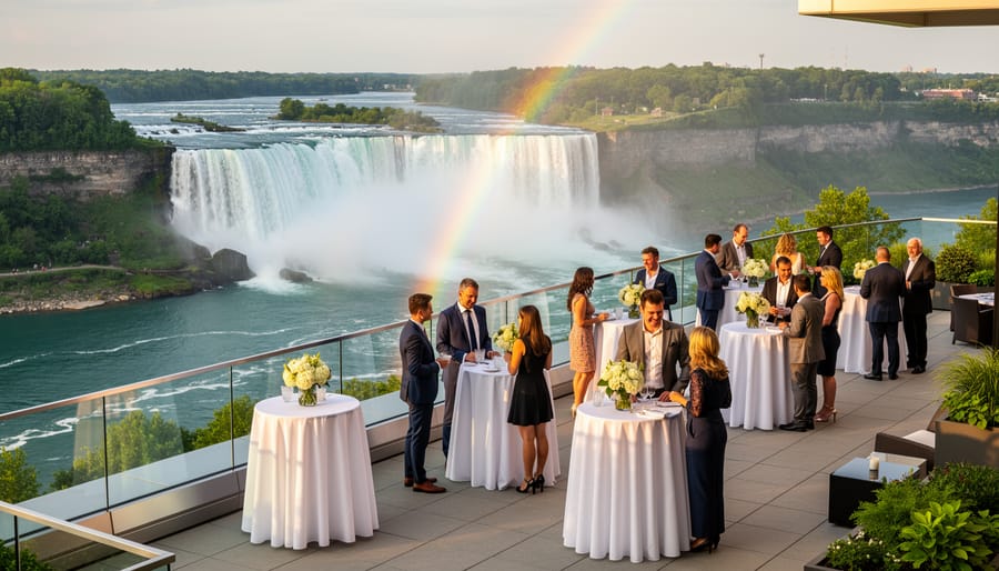 Small wedding reception table on a terrace with Niagara Falls cascading in the background