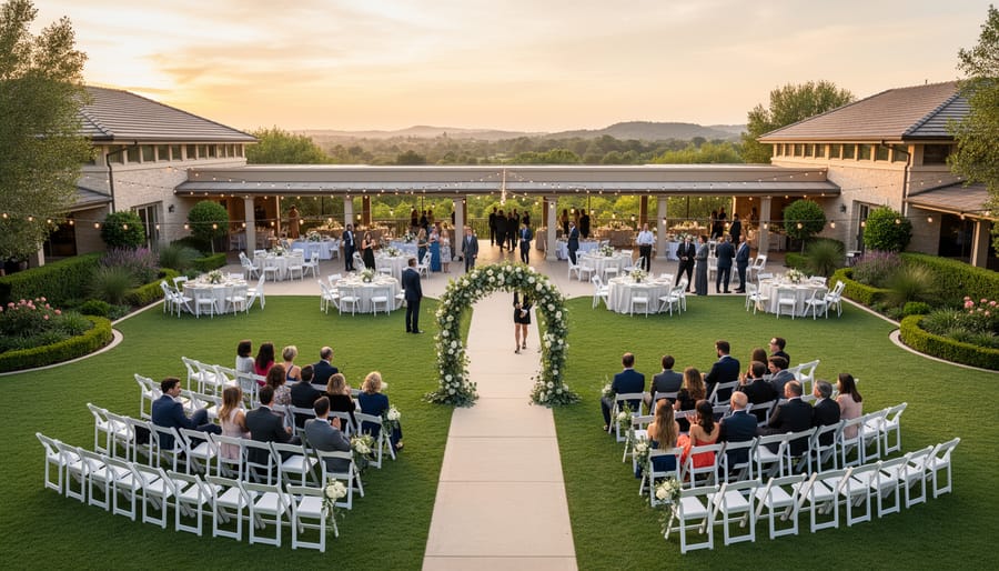 Wedding reception outdoors with draped tables and warm lanterns, with guests and nearby lodging hints in the background.