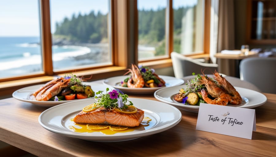Close-up of a plated fine dining dish served outdoors at Pacific Sands Resort with ocean scenery blurred in the background