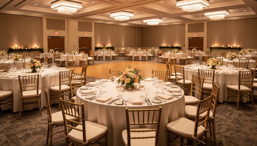 Reception table set with white linens, candles, and elegant centerpieces in an indoor venue space.