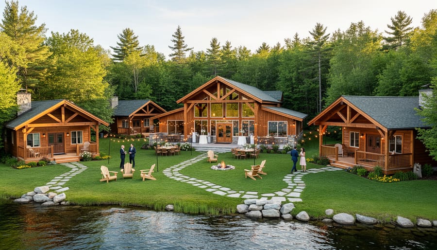 Rustic Canadian wedding venue exterior with on-site cottages and warm windows glowing at evening twilight.