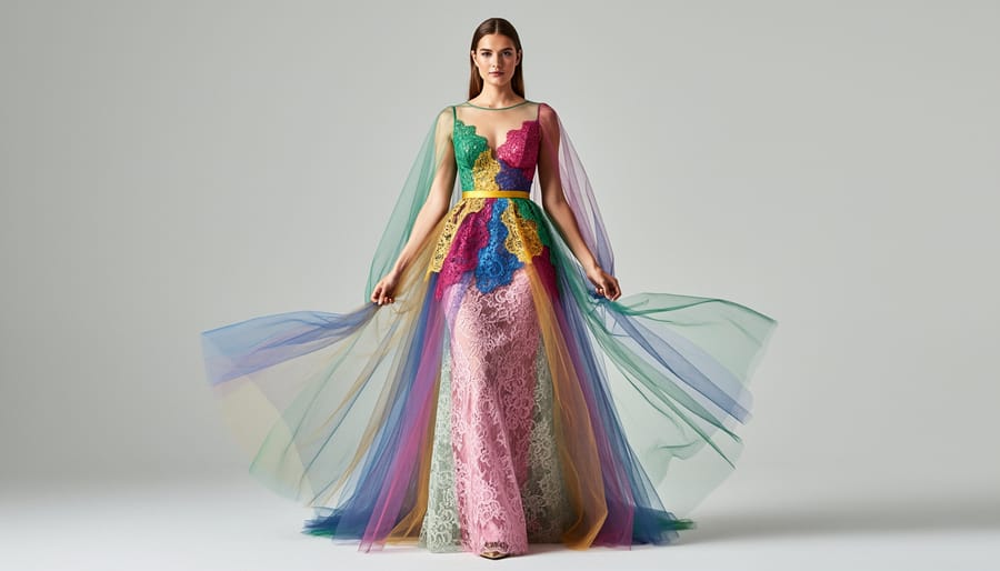 Sheer overlay wedding gown showing colorful underlayer with scattered embellishments and bold lace details
