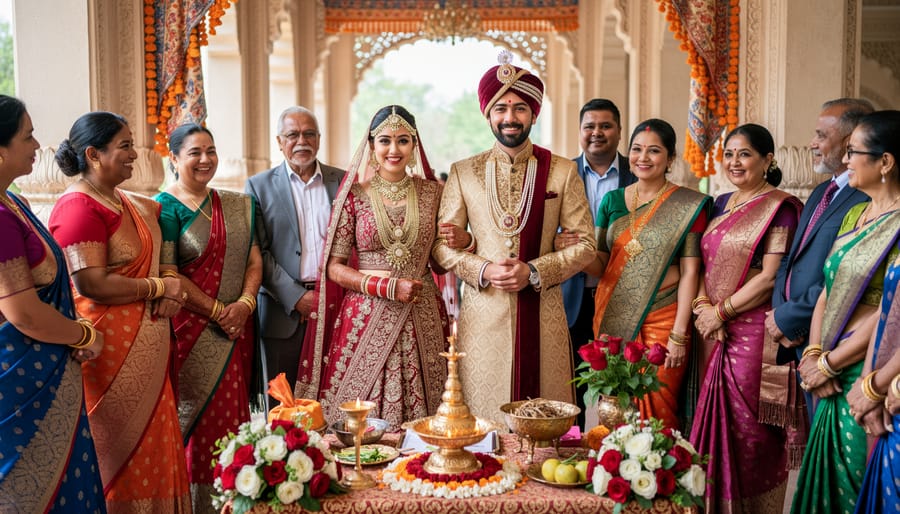 Bride and groom during a Sikh wedding ceremony outdoors with family members and decorative elements nearby.
