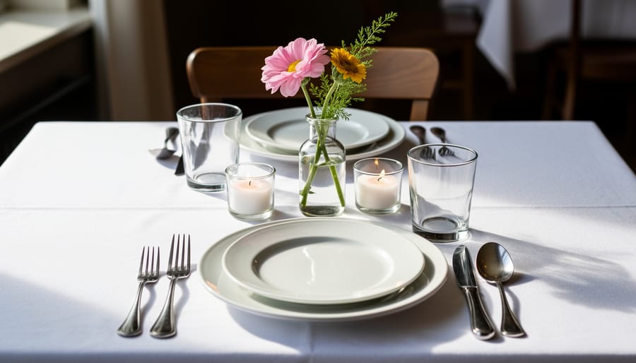Close-up of a wedding table setting with simple greenery and glassware in a banquet hall.