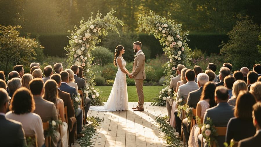 “Intimate small wedding ceremony in a Canadian garden with floral arches and guests gathered during golden hour sunlight.”