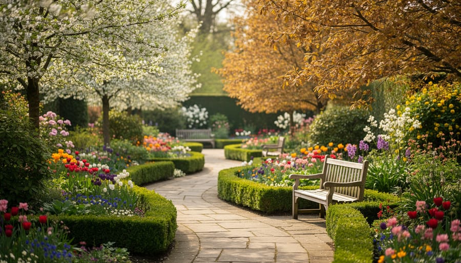 Spring garden scene with blooming shrubs and soft natural light at Cranberry Creek Gardens.