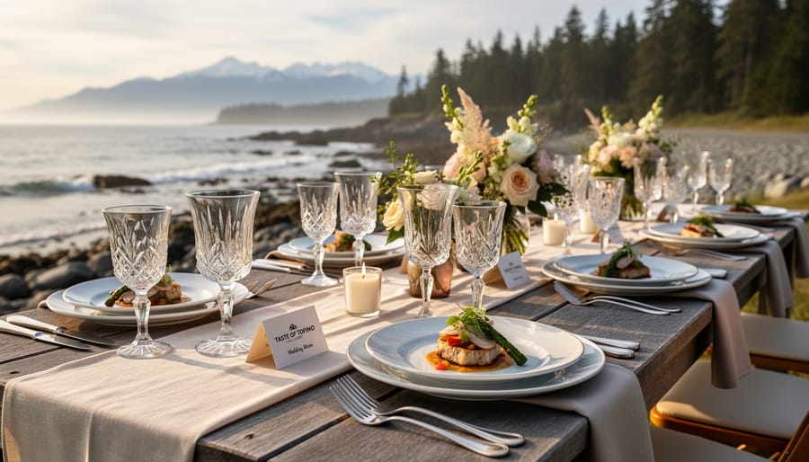 Outdoor fine dining table with plated seafood and seasonal vegetables, coastal background softly blurred
