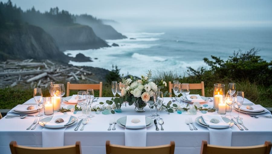 Fine-dining wedding table set with white linens and crystal glassware overlooking Tofino’s Pacific coastline with waves and coastal cliffs in the background.
