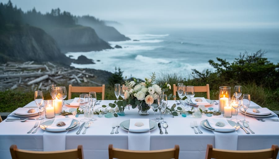 Fine-dining wedding table set with white linens and crystal glassware overlooking Tofino’s Pacific coastline with waves and coastal cliffs in the background.