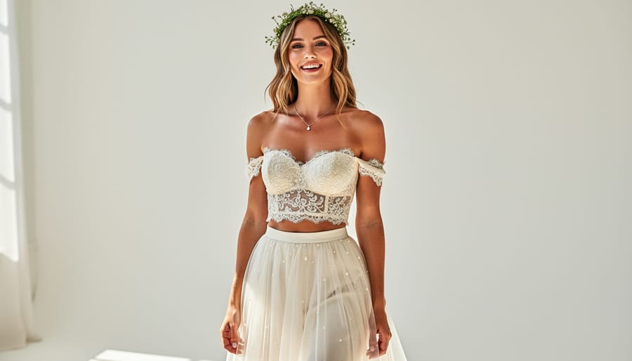 Bride wearing mix-and-match wedding dress separates with a coordinating whimsical top and skirt