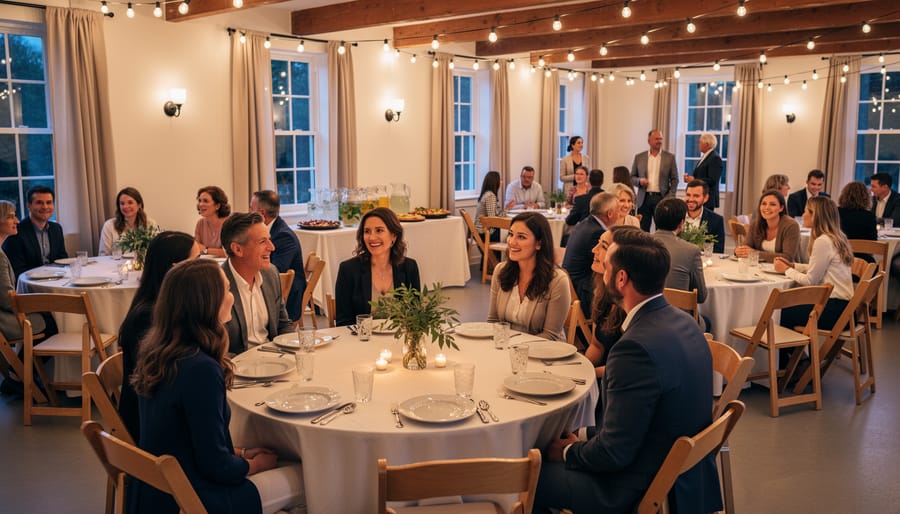 A couple in wedding attire walks through a warmly lit banquet hall with decorated tables in the background.