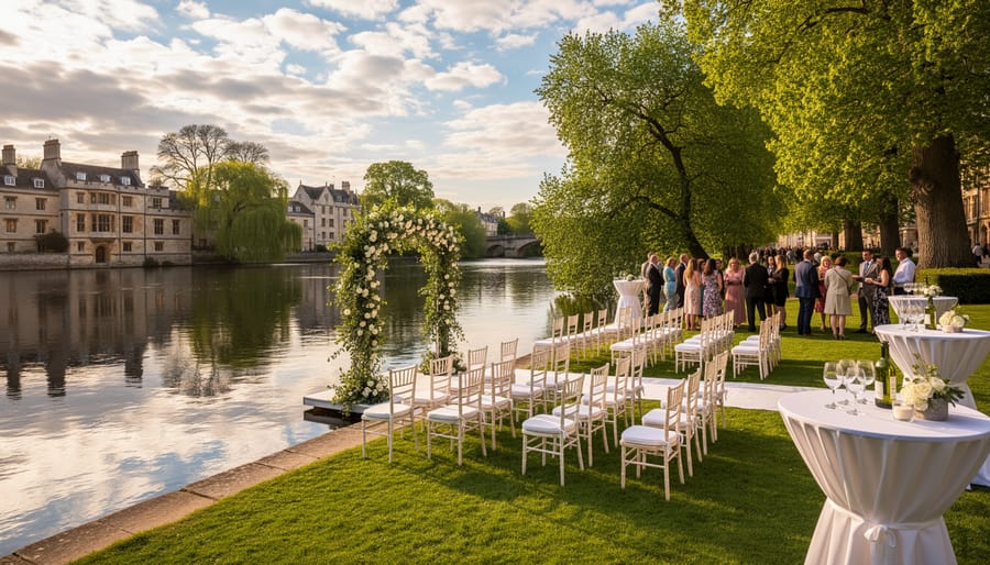 Wedding ceremony setup with chairs along a scenic riverbank with trees and water in the background