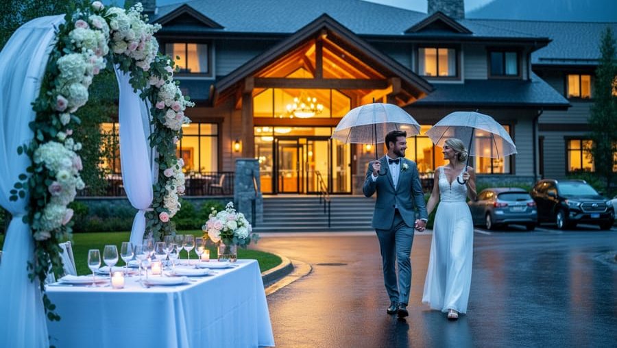 A wedding couple walks toward a warmly lit Canadian resort entrance, with ceremony and reception décor visible nearby to suggest onsite accommodation for a multi-day wedding weekend.