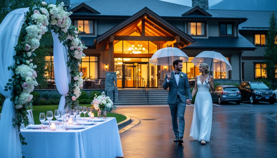 A wedding couple walks toward a warmly lit Canadian resort entrance, with ceremony and reception décor visible nearby to suggest onsite accommodation for a multi-day wedding weekend.