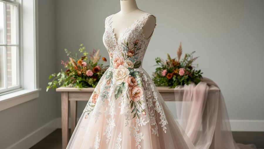 Whimsical bridal gown with hand-painted botanical florals and bold lace, displayed in soft natural light with blurred garden-inspired decor in the background.