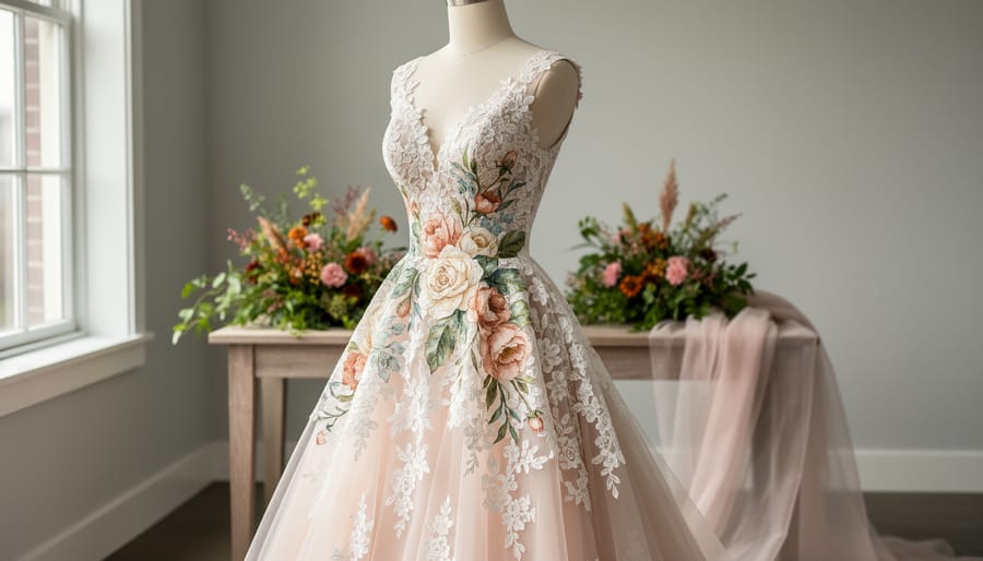 Whimsical bridal gown with hand-painted botanical florals and bold lace, displayed in soft natural light with blurred garden-inspired decor in the background.