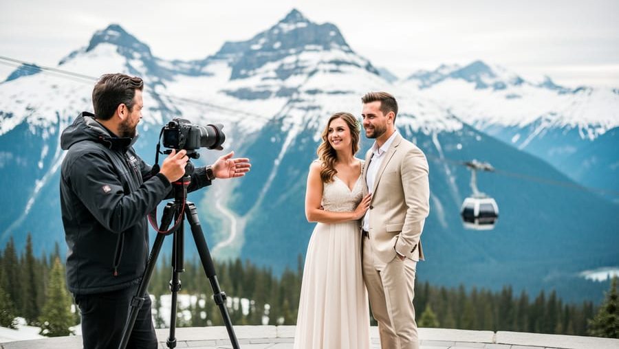Photographer assisting a wedding couple for portraits at a snowy Blackcomb Mountain viewpoint in Whistler, with gondola and alpine peaks in the background.