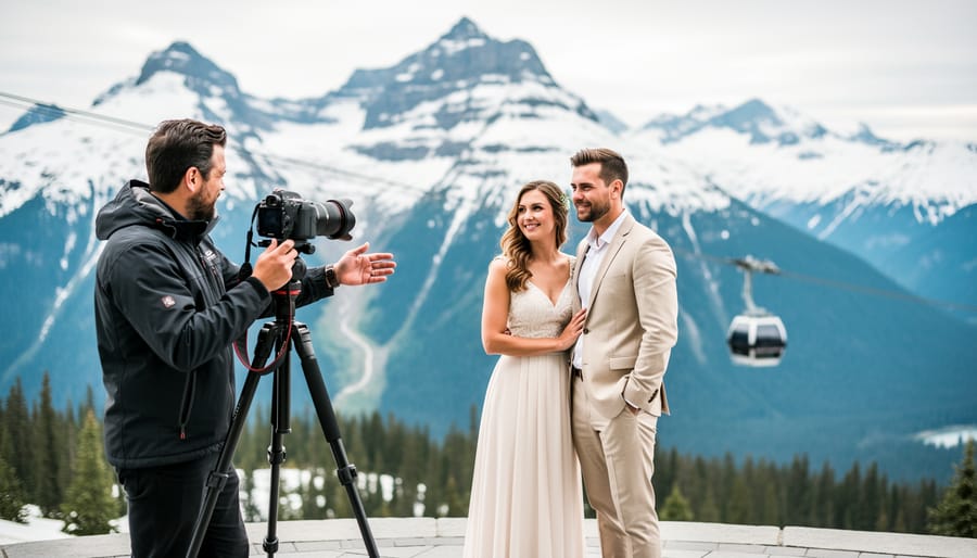 Photographer assisting a wedding couple for portraits at a snowy Blackcomb Mountain viewpoint in Whistler, with gondola and alpine peaks in the background.