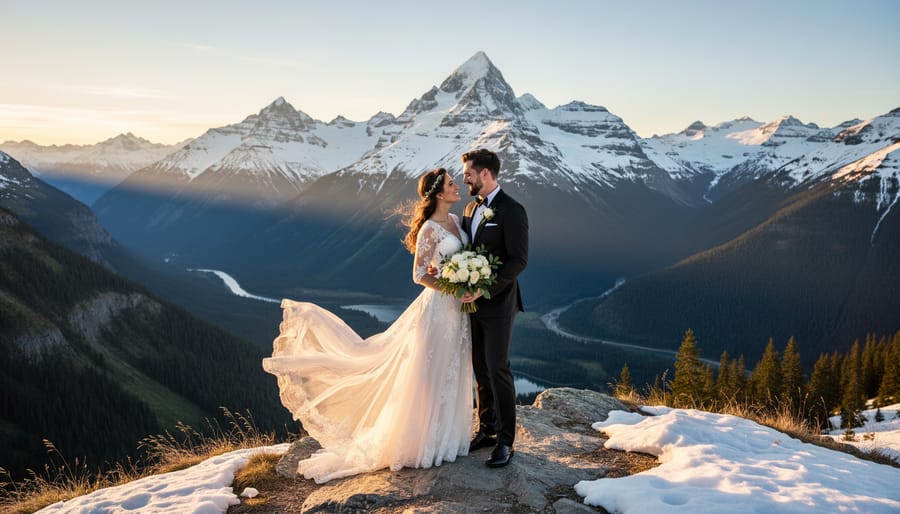 Newlywed couple posing at a Whistler mountain overlook with snow-capped peaks in the background.