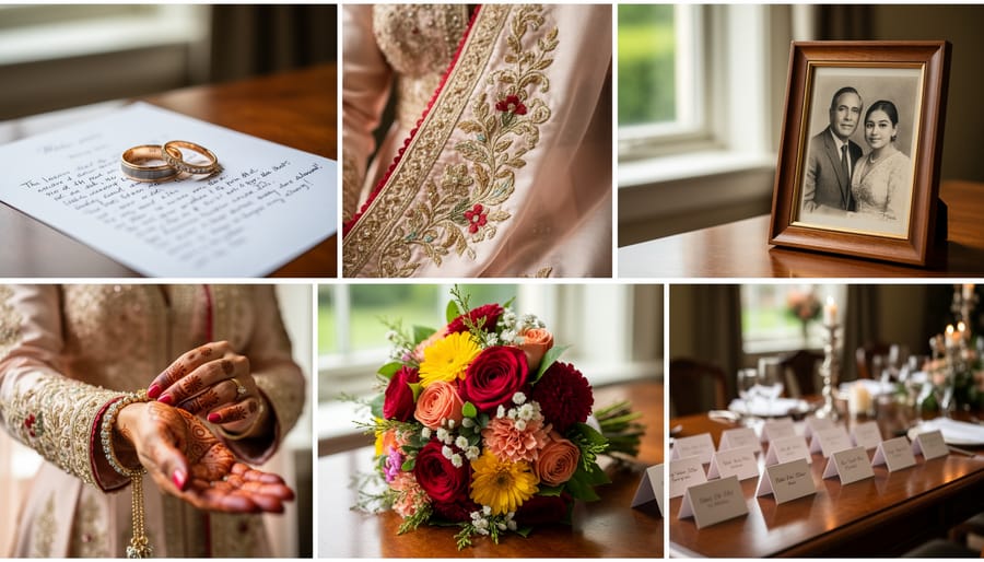 Wedding rings and decorative accessories placed on a velvet cloth on a lodge table.