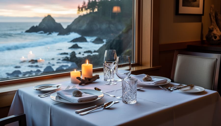Candlelit fine dining reception table with coastal ocean scenery in the background at The Wickaninnish Inn