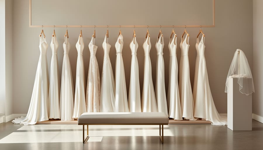 Minimalist wedding dress pieces styled on mannequins in a boutique, ALMA Novia-inspired aesthetic