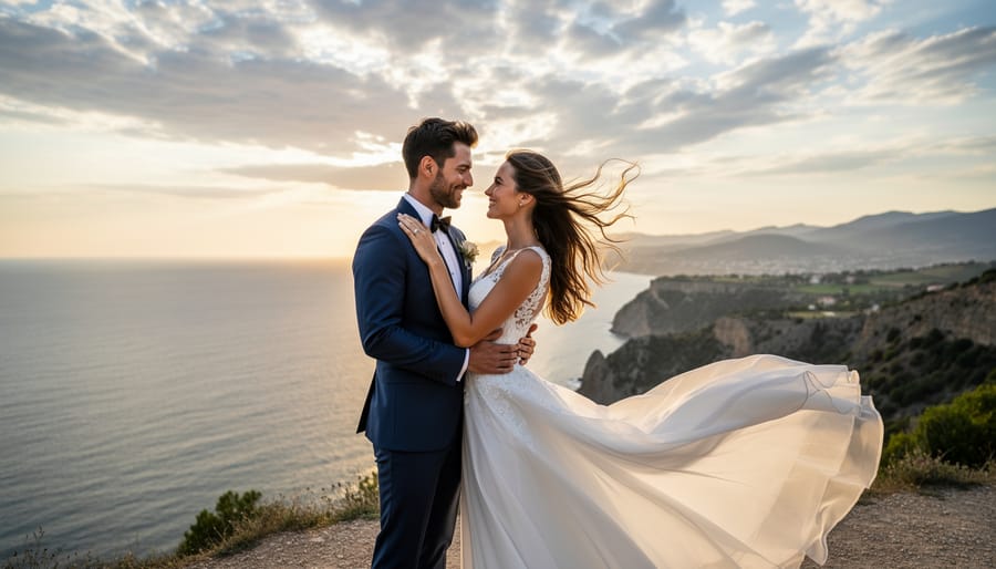 Couple exchanging vows outdoors at beach dusk with ocean in the background