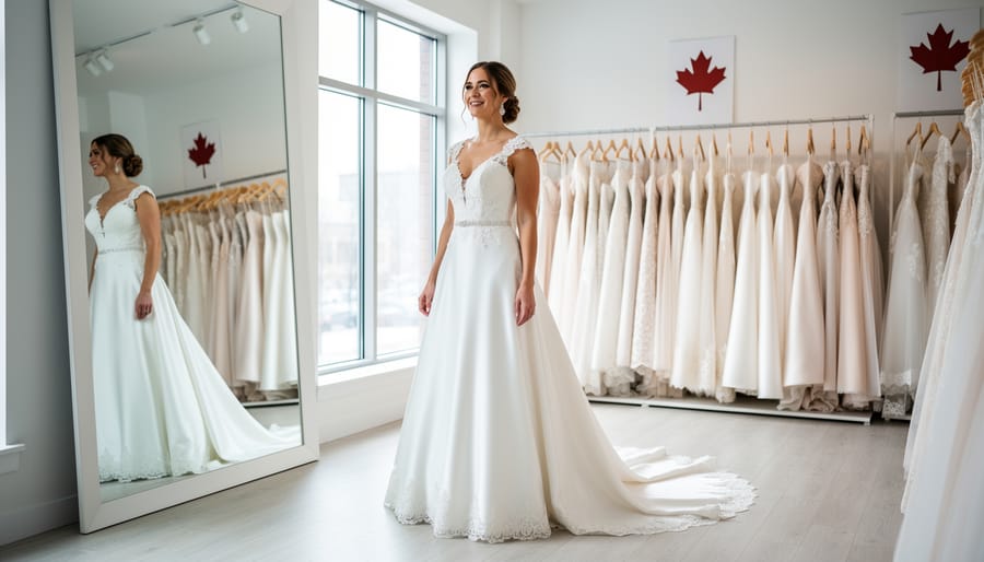 Bride-to-be trying on a wedding dress in a bright boutique with a stylist’s help.