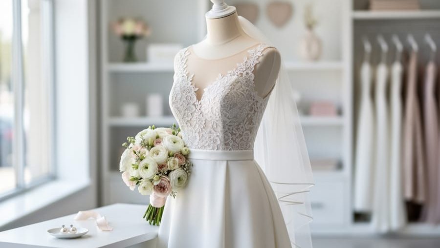 Lace wedding dress on a white dress form with a minimalist bouquet and bridal accessories in a bright boutique setting.
