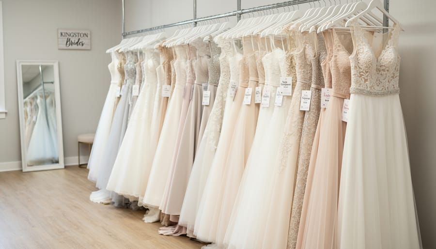 Wedding gowns hanging on a consignment rack in a bridal store