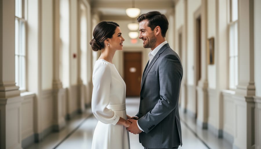 Couple posing for a courthouse wedding portrait with the bride in an elegant ivory A-line or column dress