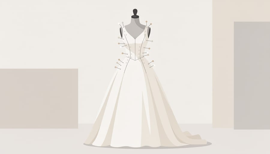 Seamstress hands pinning a minimalist crepe wedding gown on a dressmaker’s form