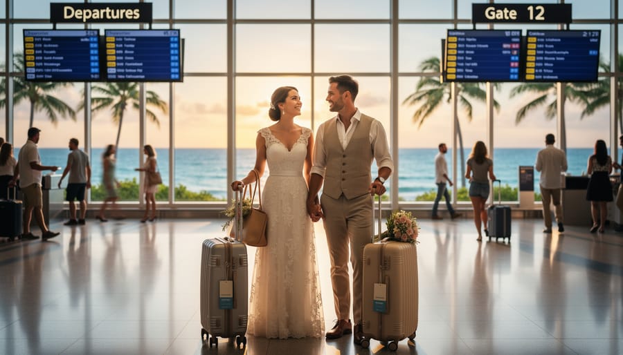 Bride and groom walking toward a ceremony area on a sunlit destination street