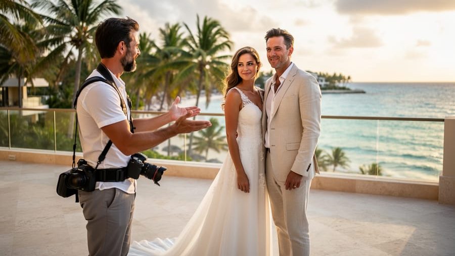 A photographer with a camera helps a bride and groom pose on a tropical ocean-view terrace during golden hour in a destination wedding setting.