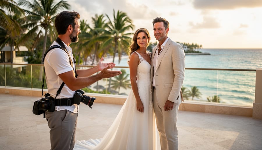A photographer with a camera helps a bride and groom pose on a tropical ocean-view terrace during golden hour in a destination wedding setting.