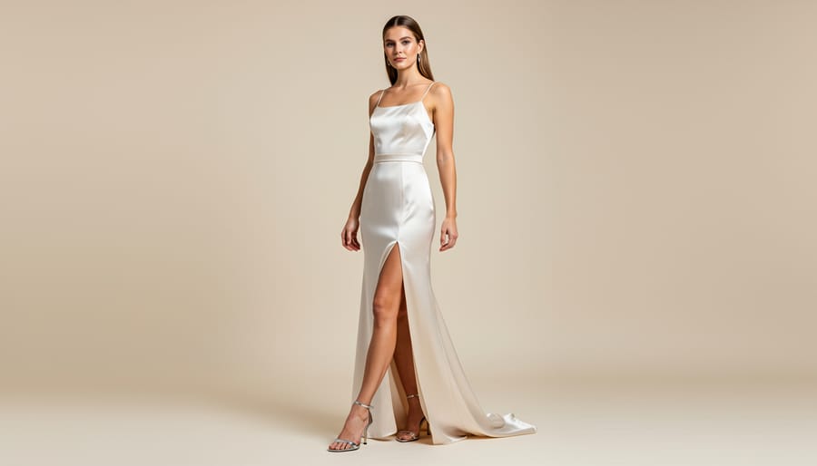 Satin empire-waist A-line wedding gown with spaghetti straps and a front split on a bridal mannequin