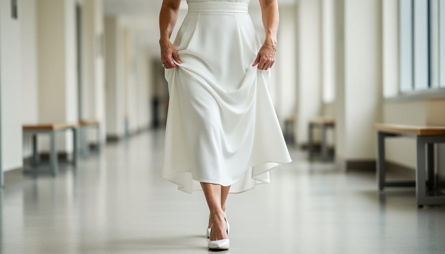 Close-up of a bride adjusting her court wedding dress hem with tailored shoes visible on a stone floor