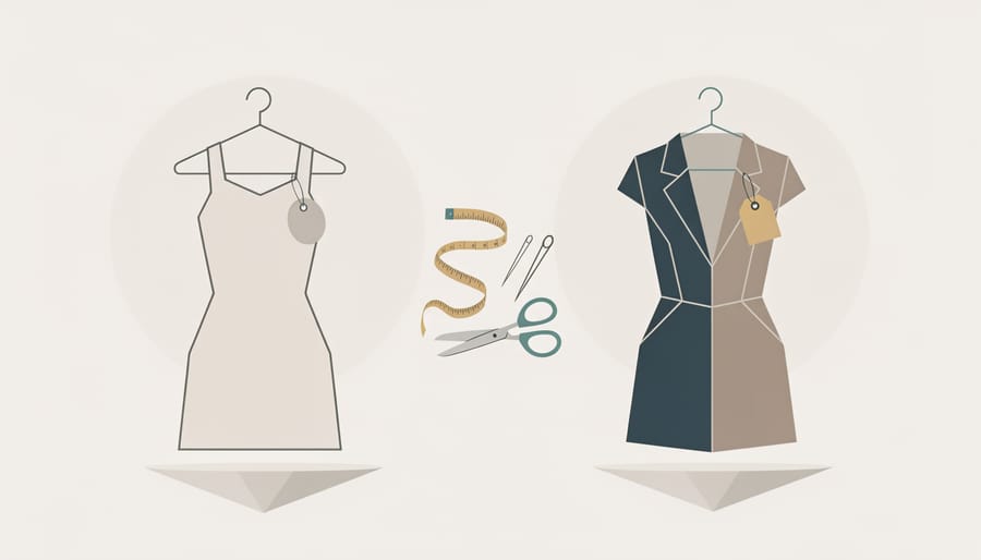 Hands holding a wedding dress hanger with sewing tools and measuring tape nearby on a workbench.