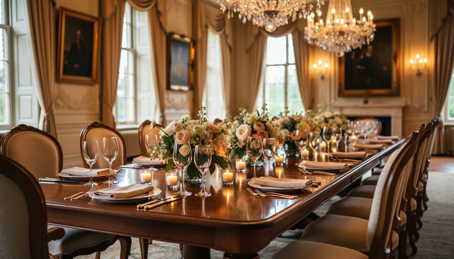Wedding reception banquet table with candles and floral centerpieces inside Paletta Mansion.
