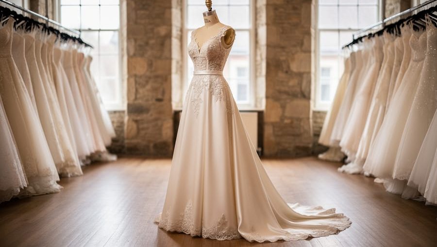 Wedding dress displayed on a mannequin in a Kingston bridal boutique with soft natural light and blurred clothing racks in the background.