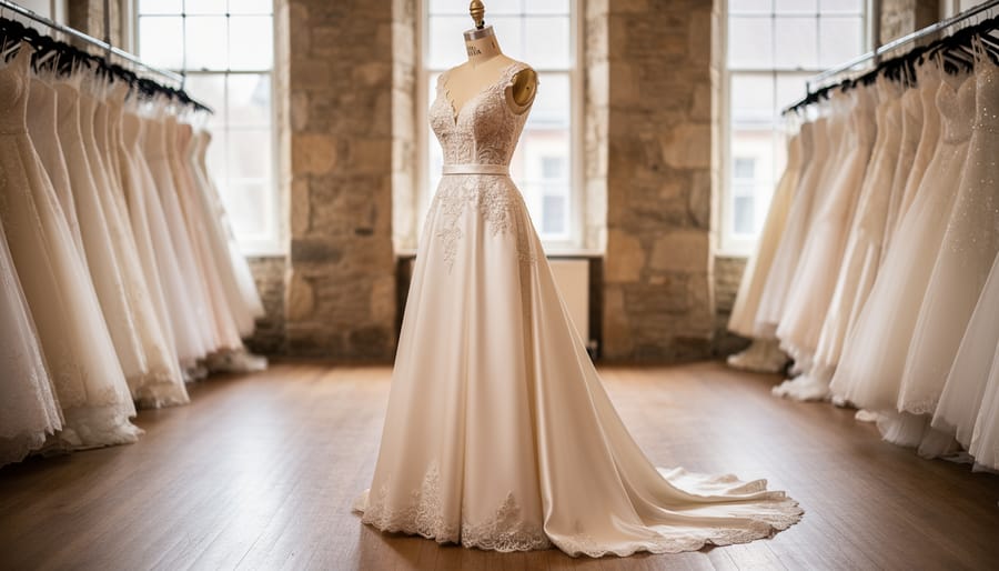 Wedding dress displayed on a mannequin in a Kingston bridal boutique with soft natural light and blurred clothing racks in the background.