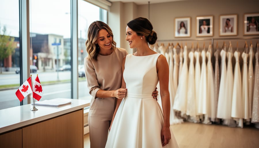 Bride-to-be and stylist adjusting a simple elegant wedding gown in a boutique
