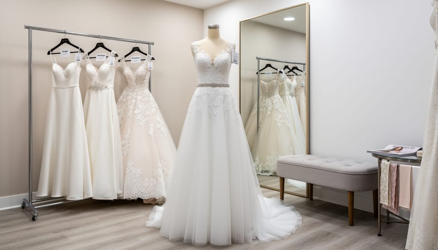 Mannequin wearing a lace wedding gown inside a bridal boutique fitting room