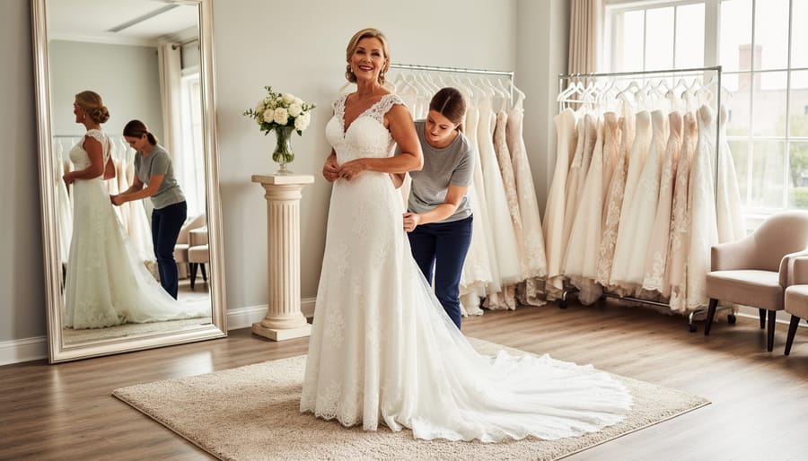 Mature bride in an A-line wedding dress trying it on in a bridal boutique fitting room with assistance from a consultant.